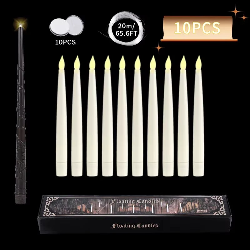 Floating Candles with Wand 12 Pcs Magic Hanging Candles Flickering Warm Light Flameless Floating LED Candle Halloween Decoration